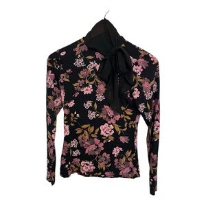 RW&CO Floral Black and Pink Women's Top neck bow size XS